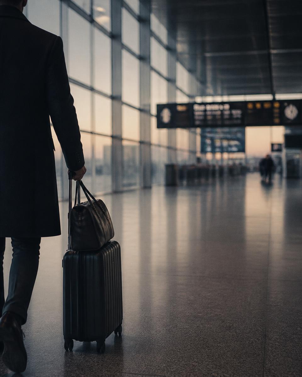 A professional crossing an international airport transit hall at dawn